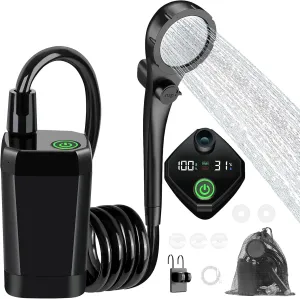 Portable Camping Shower, 6000mAh Rechargeable Outdoor Shower Pump with LED Display, 3 Spray Modes, IPX7 Waterproof Camping Shower Kit for Hiking, Travel, Car Washing, RV, Pet Bath