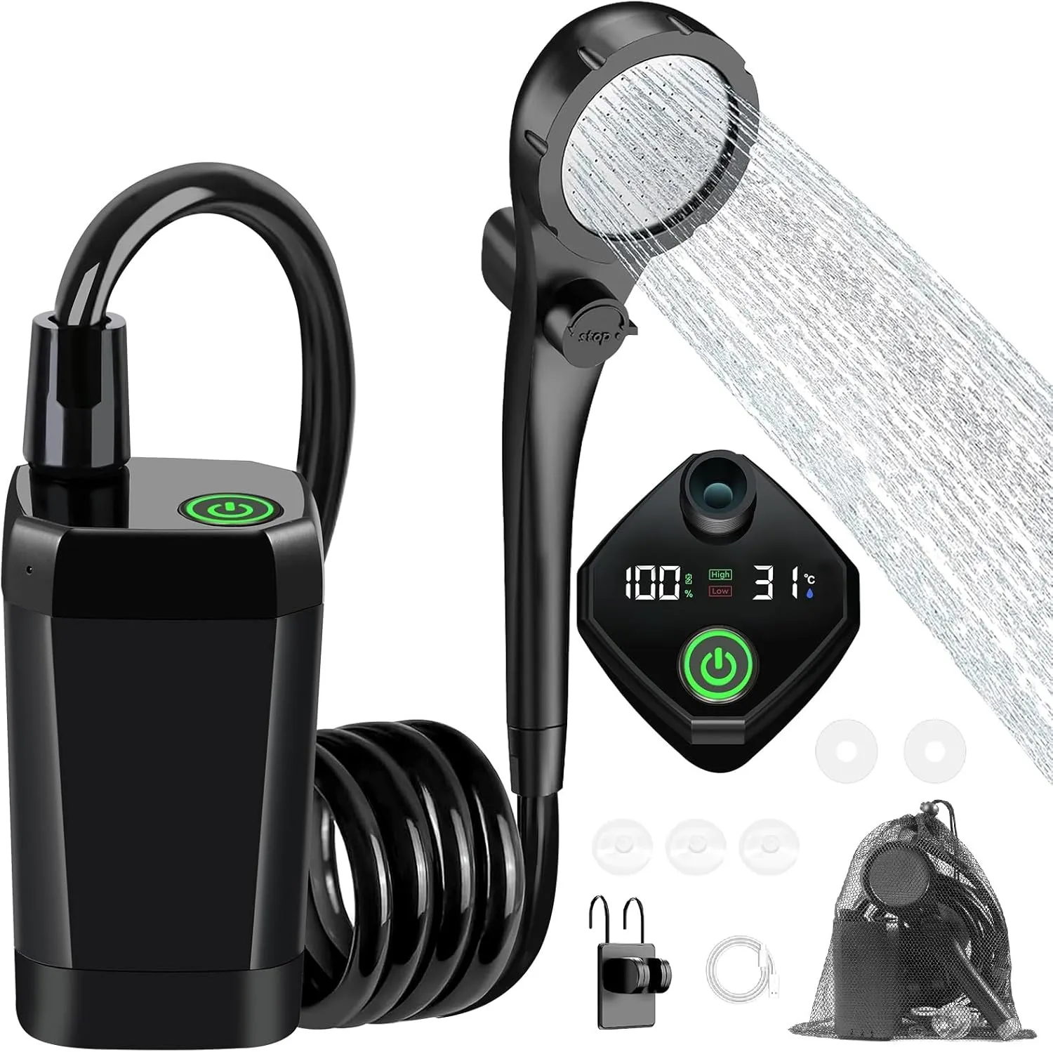 Portable Camping Shower, 6000mAh Rechargeable Outdoor Shower Pump with LED Display, 3 Spray Modes, IPX7 Waterproof Camping Shower Kit for Hiking, Travel, Car Washing, RV, Pet Bath