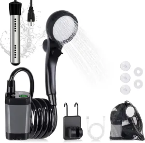 Portable Camping Shower with Heater, 6000mAh Rechargeable Camping Shower with 2000W Immersion Heater, LED Display, Heated Outdoor Shower for Travel, Hiking, Car