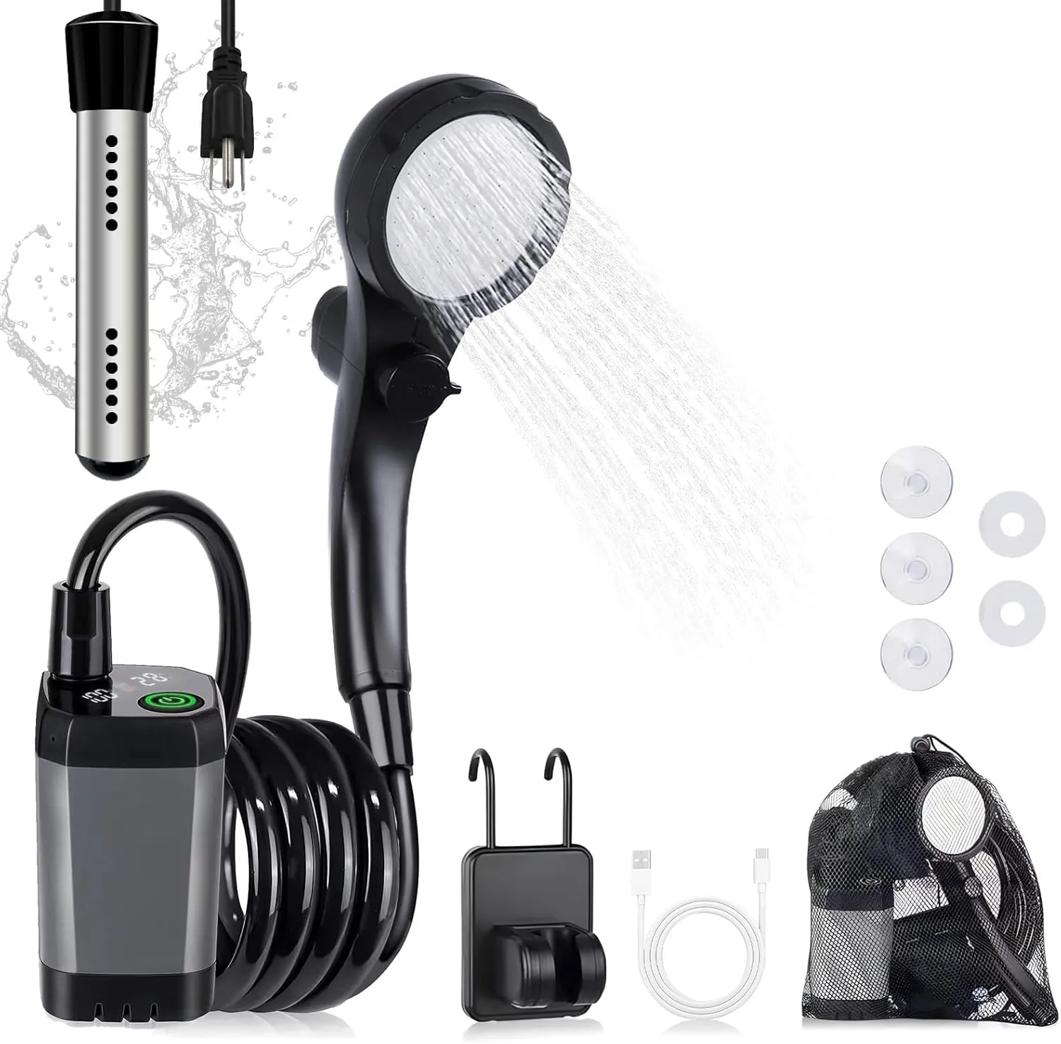 Portable Camping Shower with Heater, 6000mAh Rechargeable Camping Shower with 2000W Immersion Heater, LED Display, Heated Outdoor Shower for Travel, Hiking, Car