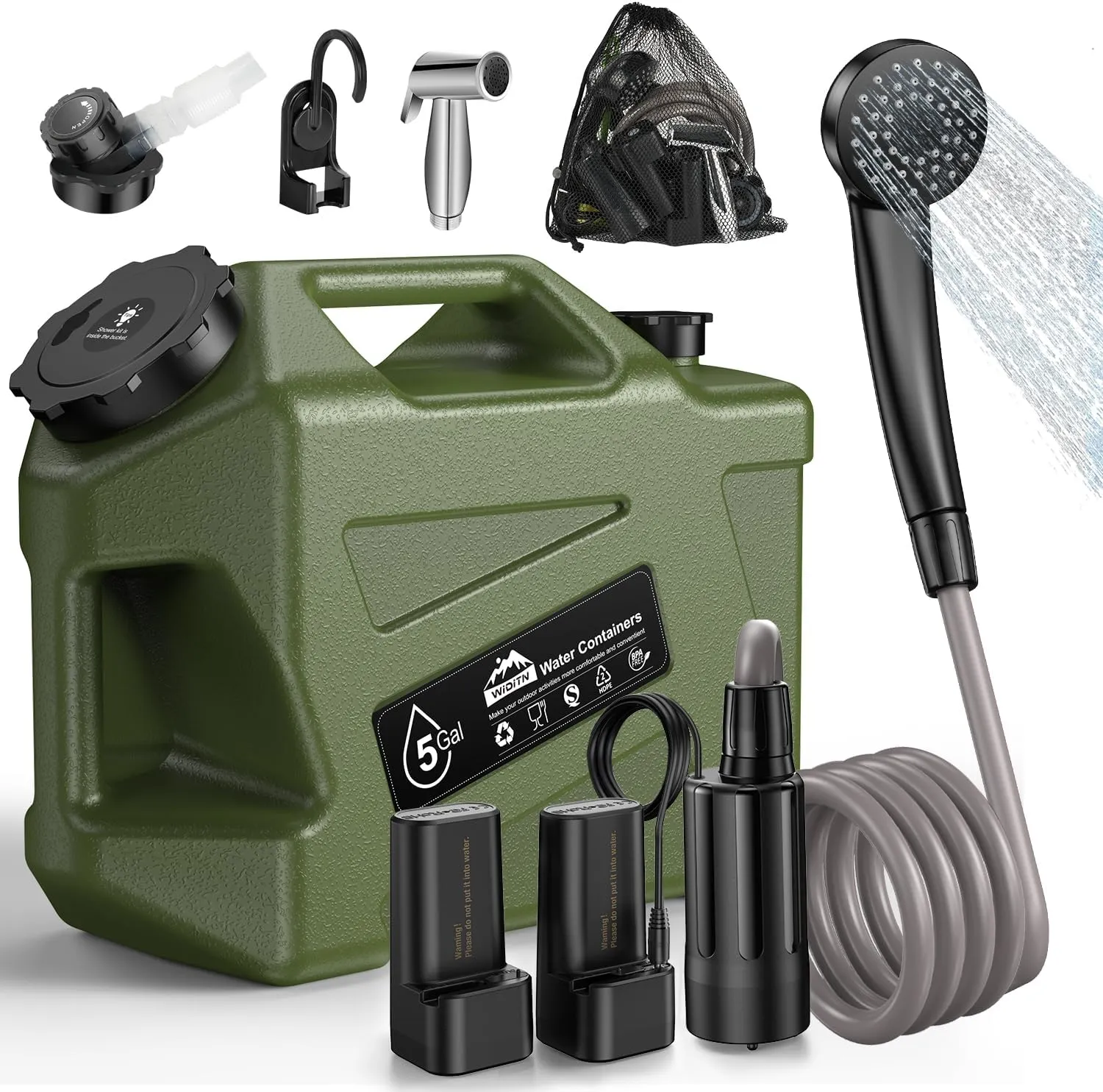 Portable Camping Shower with Water Jug, Electric Rechargeable Camping Shower, 5-Gallon Food Grade Water Containers, Outdoor Camp Pump Water Storage Kit for Hiking Beach, Travel, Pet Bath