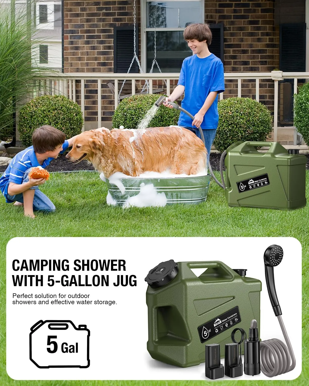 Portable Camping Shower with Water Jug, Electric Rechargeable Camping Shower, 5-Gallon Food Grade Water Containers, Outdoor Camp Pump Water Storage Kit for Hiking Beach, Travel, Pet Bath