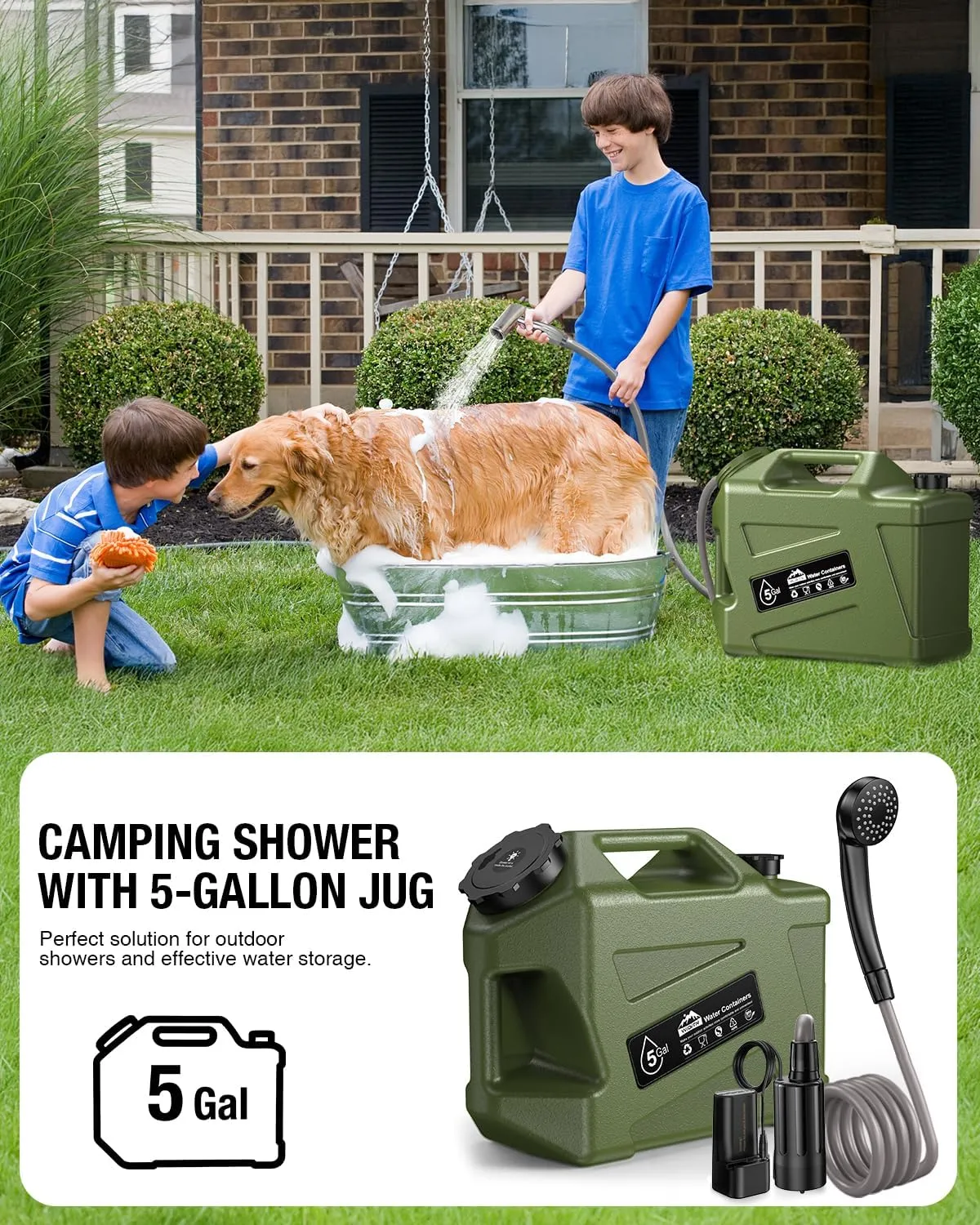 Portable Camping Shower with Water Jug, Electric Rechargeable Camping Shower, 5-Gallon Food Grade Water Containers, Outdoor Camp Pump Water Storage Kit for Hiking Beach, Travel, Pet Bath