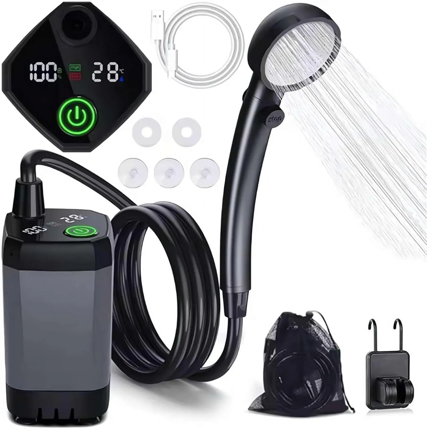 Portable Camping Shower,6000mAh Rechargeable Outdoor Shower Pump with LED Display,4 Spray Modes, IPX7 Waterproof Outdoor Camp Pump for Hiking for Hiking, Travel, Car, Pet