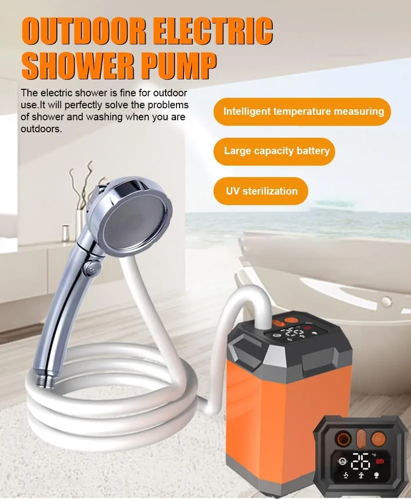 Portable Cordless Camping Shower, Outdoor Electric Shower Pump with Rechargeable Battery and Digital Display, Large Capacity Shower for Hiking, Traveling, Beach