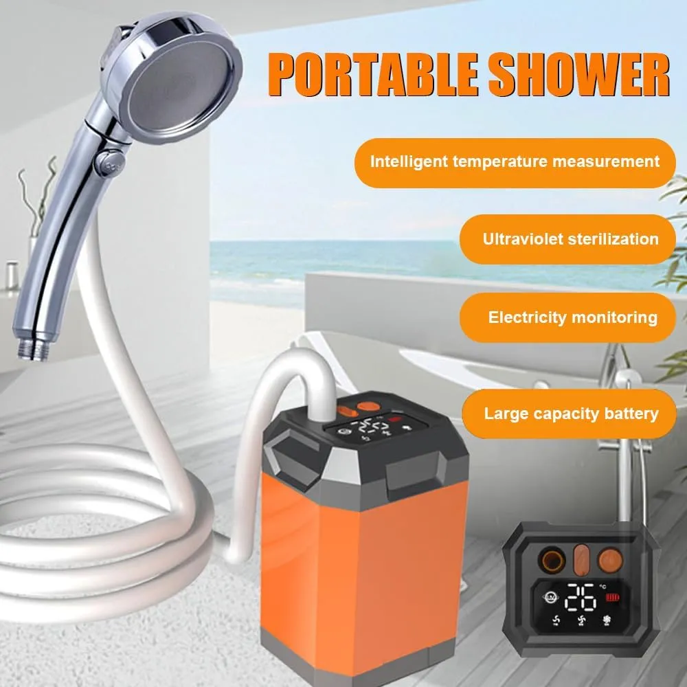 Portable Cordless Camping Shower, Outdoor Electric Shower Pump with Rechargeable Battery and Digital Display, Large Capacity Shower for Hiking, Traveling, Beach