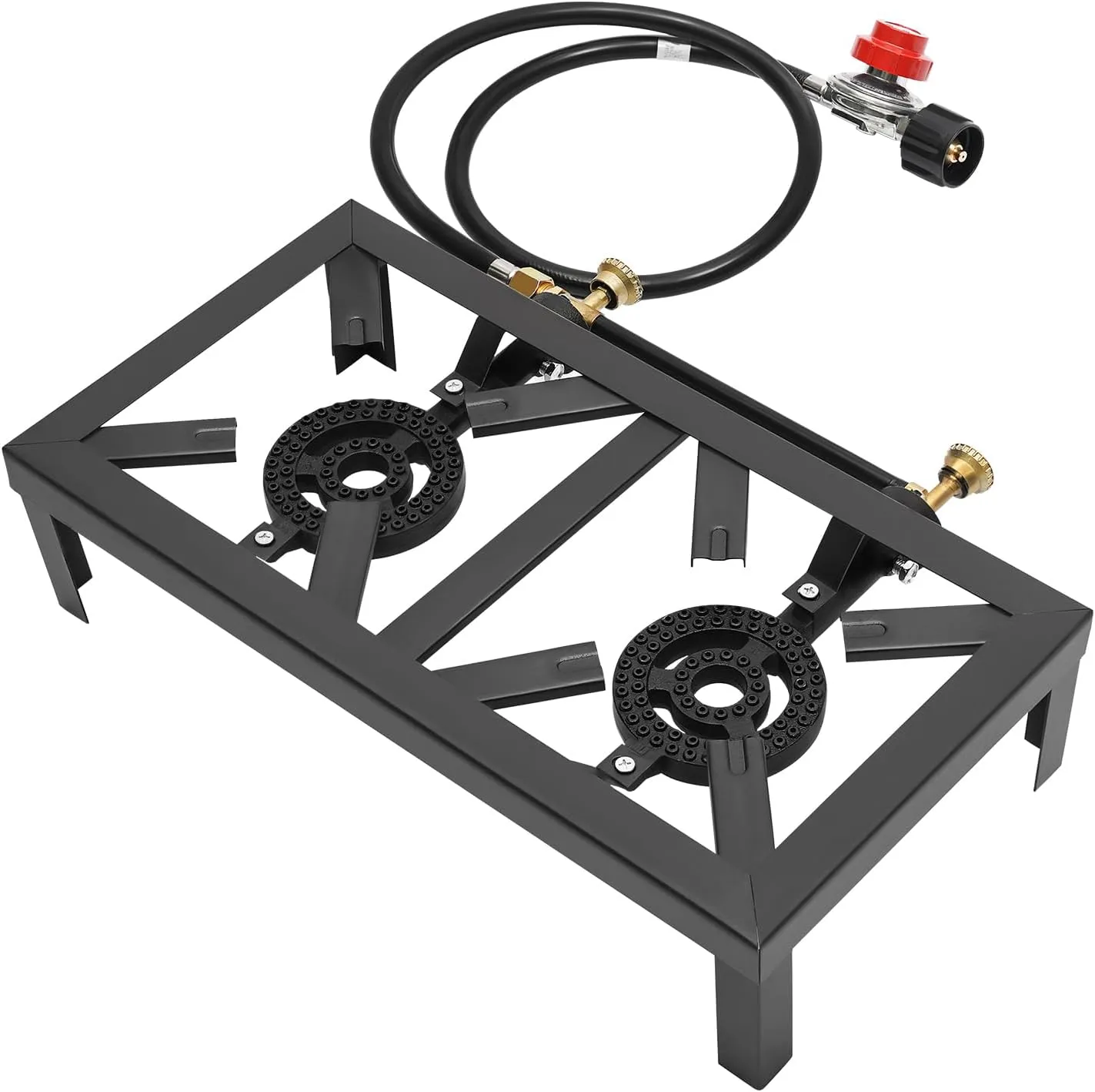 Portable Double Burner Outdoor Gas Stove Propane Cooker, flame camping stove with Adjustable 0-10Psi Regulator Hose for camping, picnics, hiking, barbecues, emergency preparedness, RVs