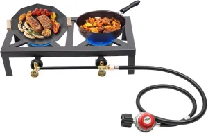 Portable Double Burner Outdoor Gas Stove Propane Cooker with Adjustable 0-20PSI Regulator Hose(3.9ft) for Patio Camping BBQ Picnics