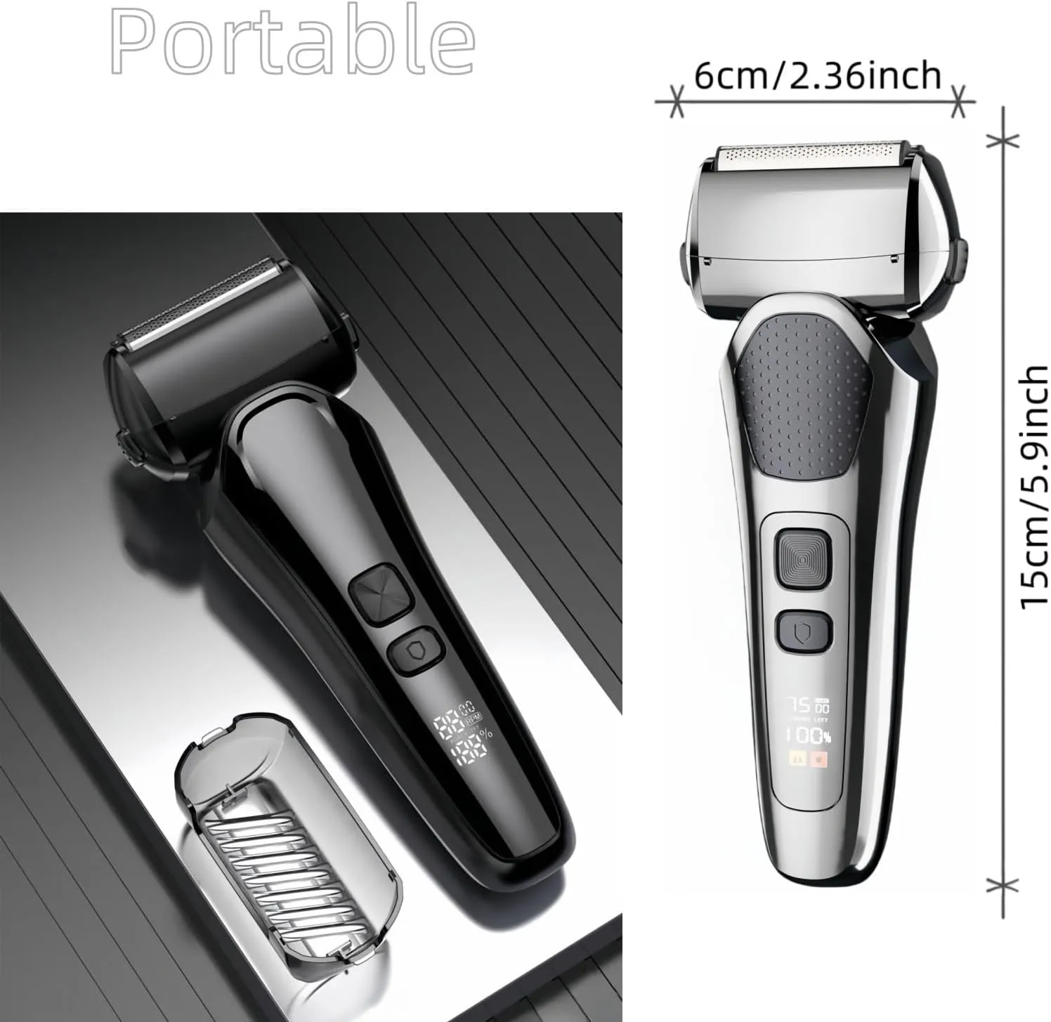 Portable Foil Shaver for Men, Electric Razor, Rechargeable Travel Facial Hair Groomer with Pop Up Trimmer, Waterproof Wet & Dry, 3-Blade, LED Display (Silver)
