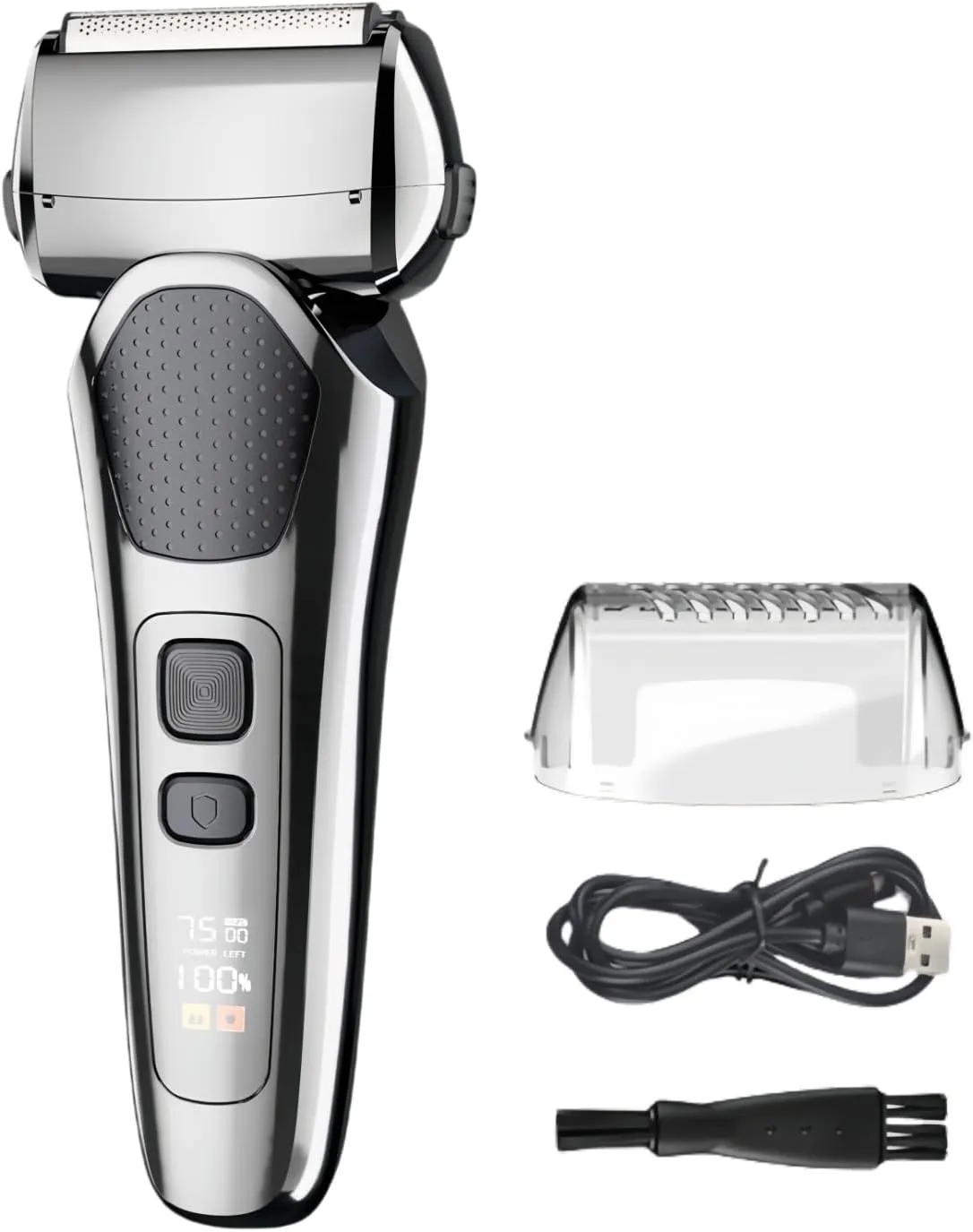 Portable Foil Shaver for Men, Electric Razor, Rechargeable Travel Facial Hair Groomer with Pop Up Trimmer, Waterproof Wet & Dry, 3-Blade, LED Display (Silver)