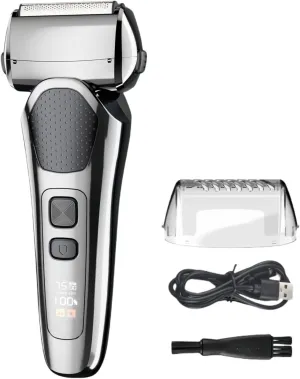 Portable Foil Shaver for Men, Electric Razor, Rechargeable Travel Facial Hair Groomer with Pop Up Trimmer, Waterproof Wet & Dry, 3-Blade, LED Display (Silver)