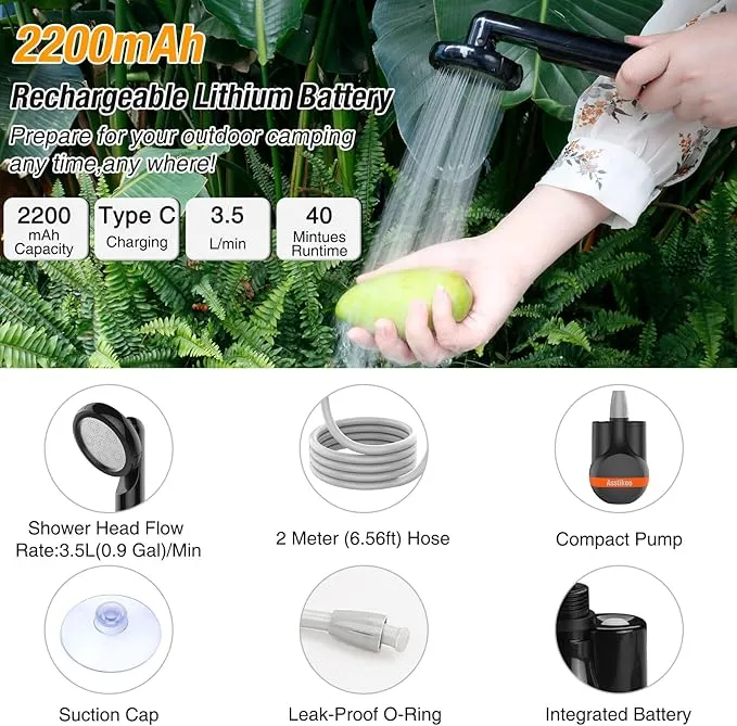 Portable Shower Camping Shower, Outdoor Camp Shower Pump Rechargeable Shower Battery Powered Handheld Shower Heads for Camping, Hiking, Beach Washing, Traveling, Pet Cleaning, Watering