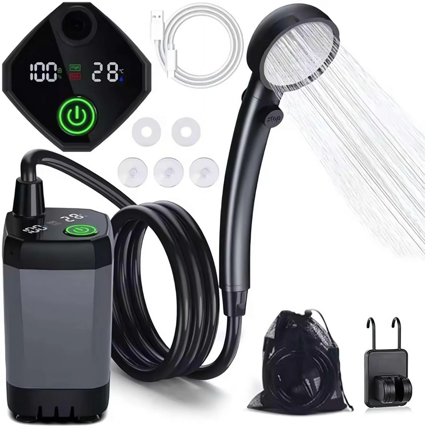 Portable Shower for Camping, 6000mAh Rechargeable Camping Shower with Intelligent LED Display, 4 Spray Modes, IPX7 Waterproof Outdoor Camp Pump for Hiking, Travel, Car and Pet