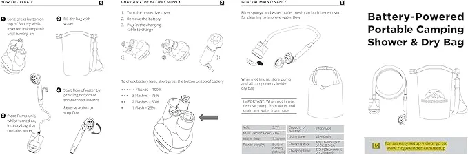 Portable Shower for Camping - Camp Shower with Rechargeable Battery and Included showerhead. Complete Camping Shower Plus Sprayer Attachment