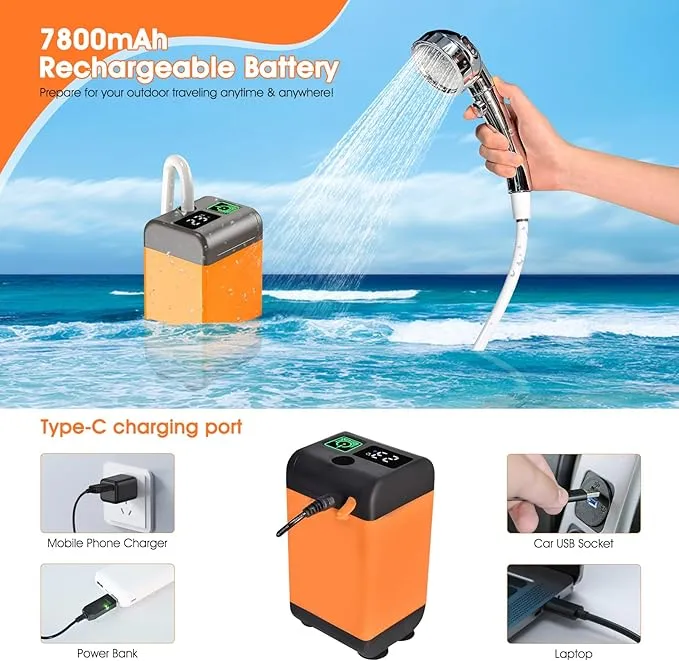 Portable Shower for Camping Outdoor Camp Shower Pump 7800mAh Rechargeable Electric Shower Pump with Intelligent Digital Display, 3 adjustable level for Camping, Hiking, Traveling, Washing