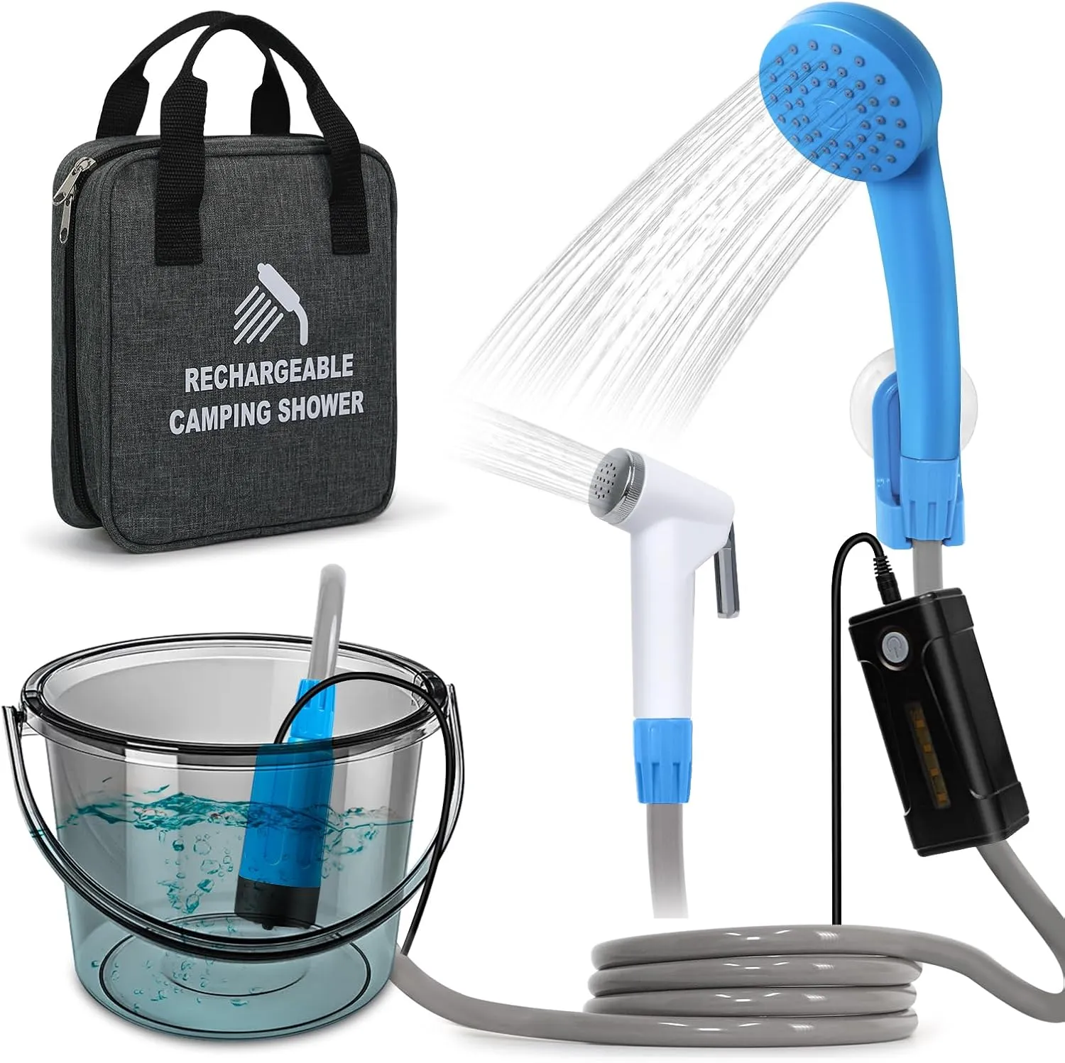 Portable Shower for Camping, Rechargeable Portable Camping Shower, Camp Shower with Double Portable Shower Head and 2 Flow Mode, Camping Shower for Hiking Beach Swimming Outdoor