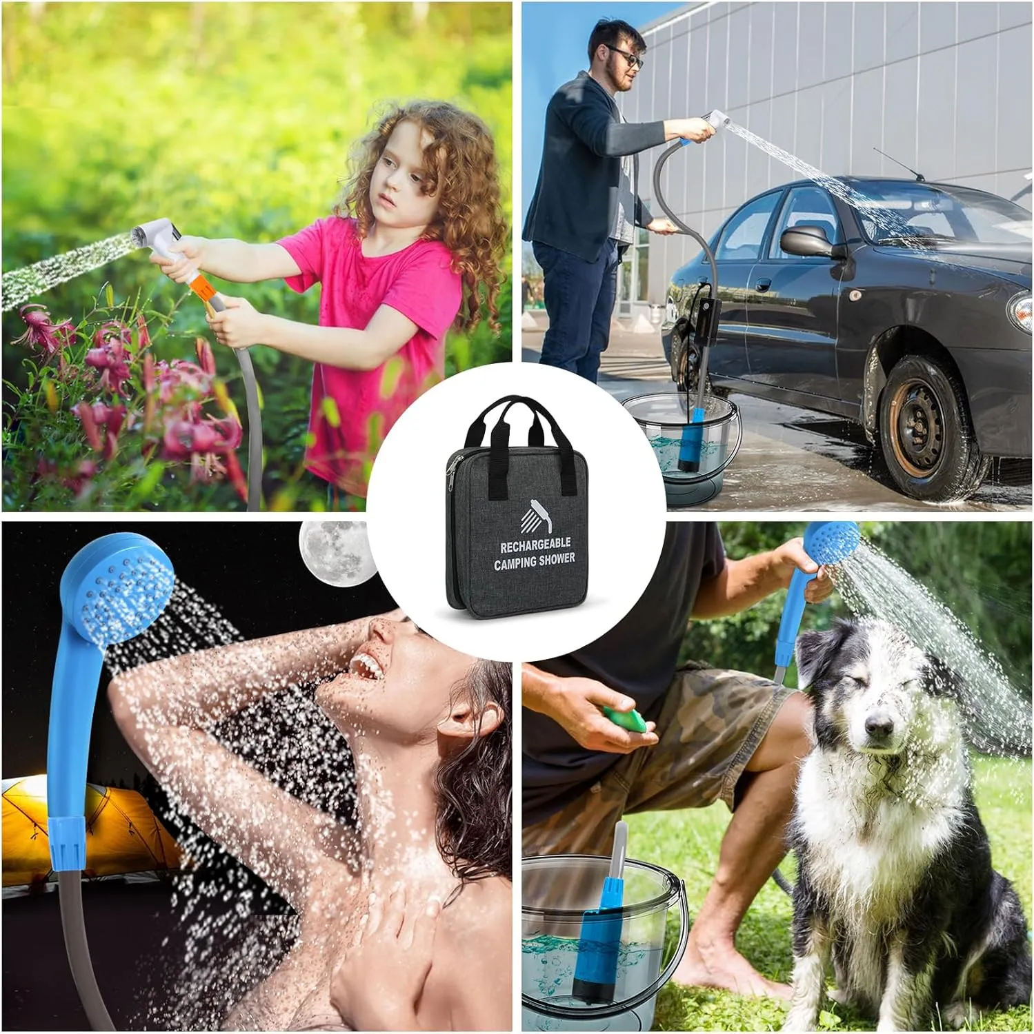 Portable Shower for Camping, Rechargeable Portable Camping Shower, Camp Shower with Double Portable Shower Head and 2 Flow Mode, Camping Shower for Hiking Beach Swimming Outdoor