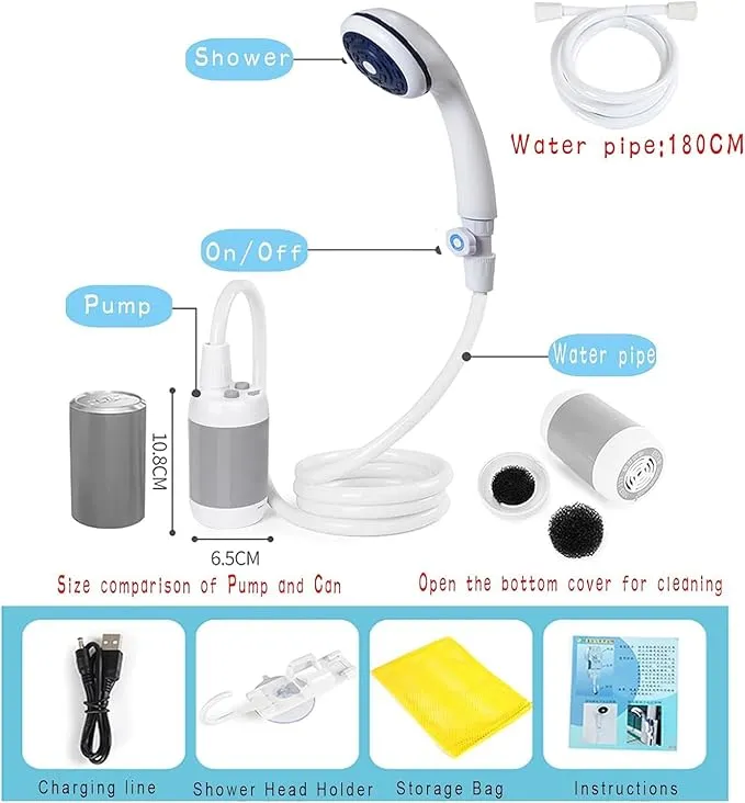 Portable shower USB shower pump rechargeable battery outdoor shower for trave camping camp suitable electric showerhead for hiking campsites