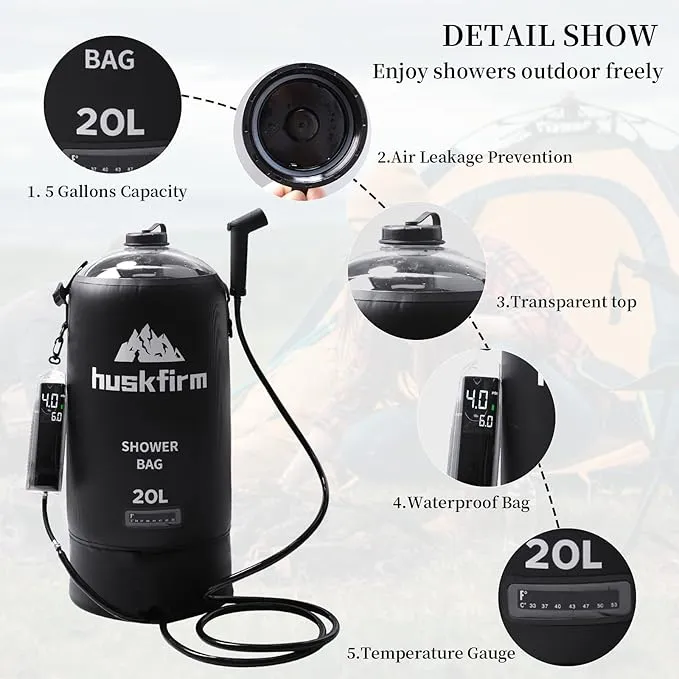 Portable Shower,5 Gallons/20L Camping Shower Bag with Electric Air Pump,Water Level Window,Solar Shower with Hot Water,Adjustable Nozzle,Camp Shower for Beach Hiking Outdoor Camping Trip