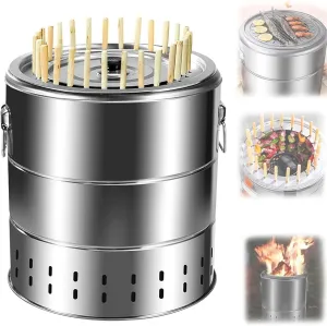 Portable Smokeless Charcoal Barrel BBQ Grill, Stainless Steel Kebab Grill with 28 Skewers BBQ Grate for Outdoor Indoor Camping