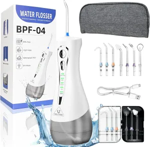 Portable Water Flosser with 7 Tips - Oral Irrigator Water Flosser Cordless 4 Modes and Rechargeable Irrigador Dental for Braces Teeth IPX7 Waterproof with 320ml Tank and Tips Box Travel Case(White)