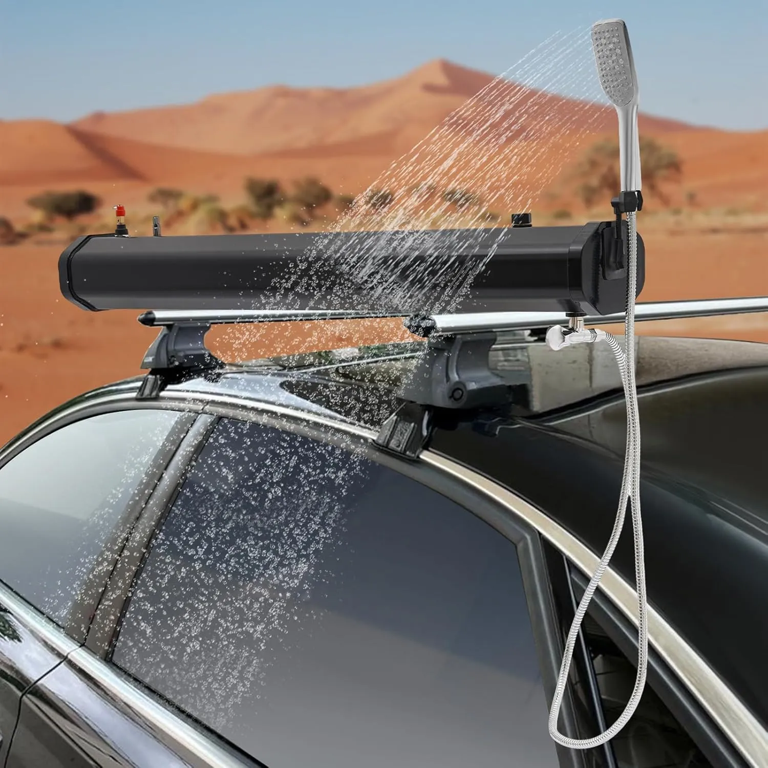 Pressurized Water Tank, Roof Rack Solar Car Shower, Portable Aluminum Camping Shower Water Storage with Spray Hose for Off-Road Vehicles, Pick-up Trucks, SUV