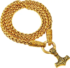 PROSTEEL Norse Viking Jewelry for Men Women, Vintage Thor Hammer/Thor Axe/Raven/Odin Necklace, Black/Gold Plated 316L Stainless Steel Pendant Chain, Come with Box