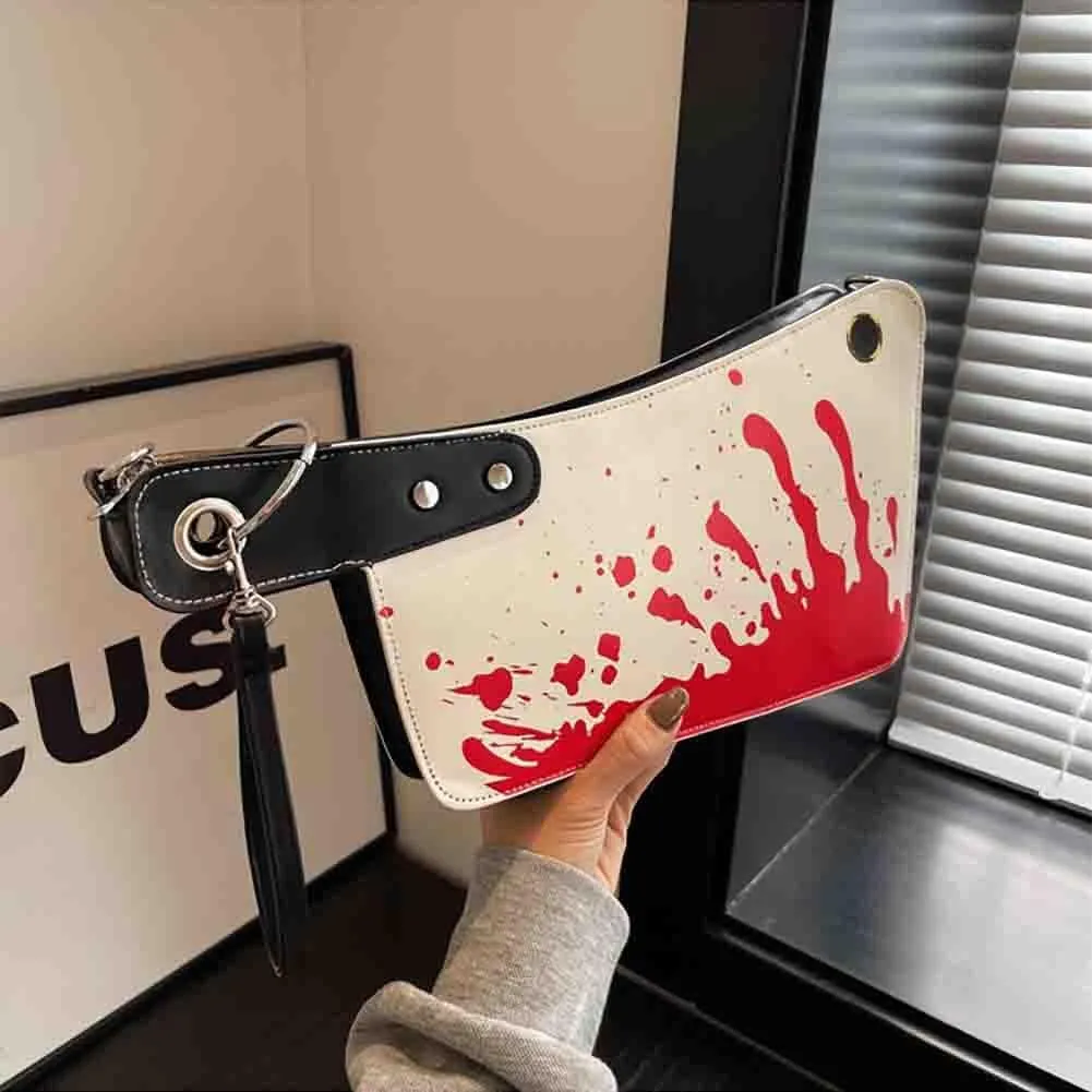 PU Leather Creative Prank Knife Shoulder Bag, Japanese Cartoon Gothic Horror Crossbody Bag, Bloody Axe Chopper Clutch Purse