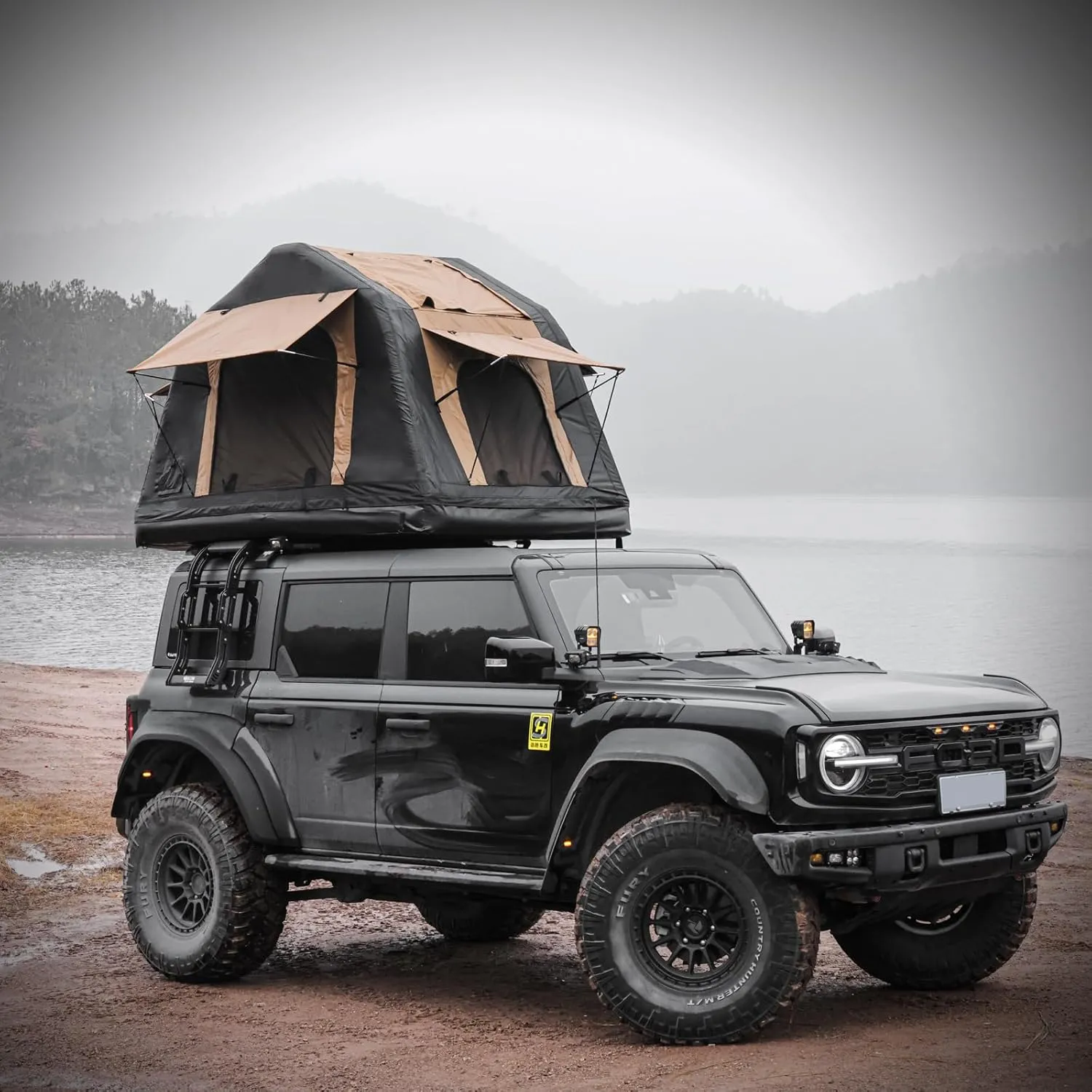 Quick Setup Amphibious Inflatable Rooftop Tent for Outdoor Glamping - Fits SUVs and Trucks, Khaki & Black