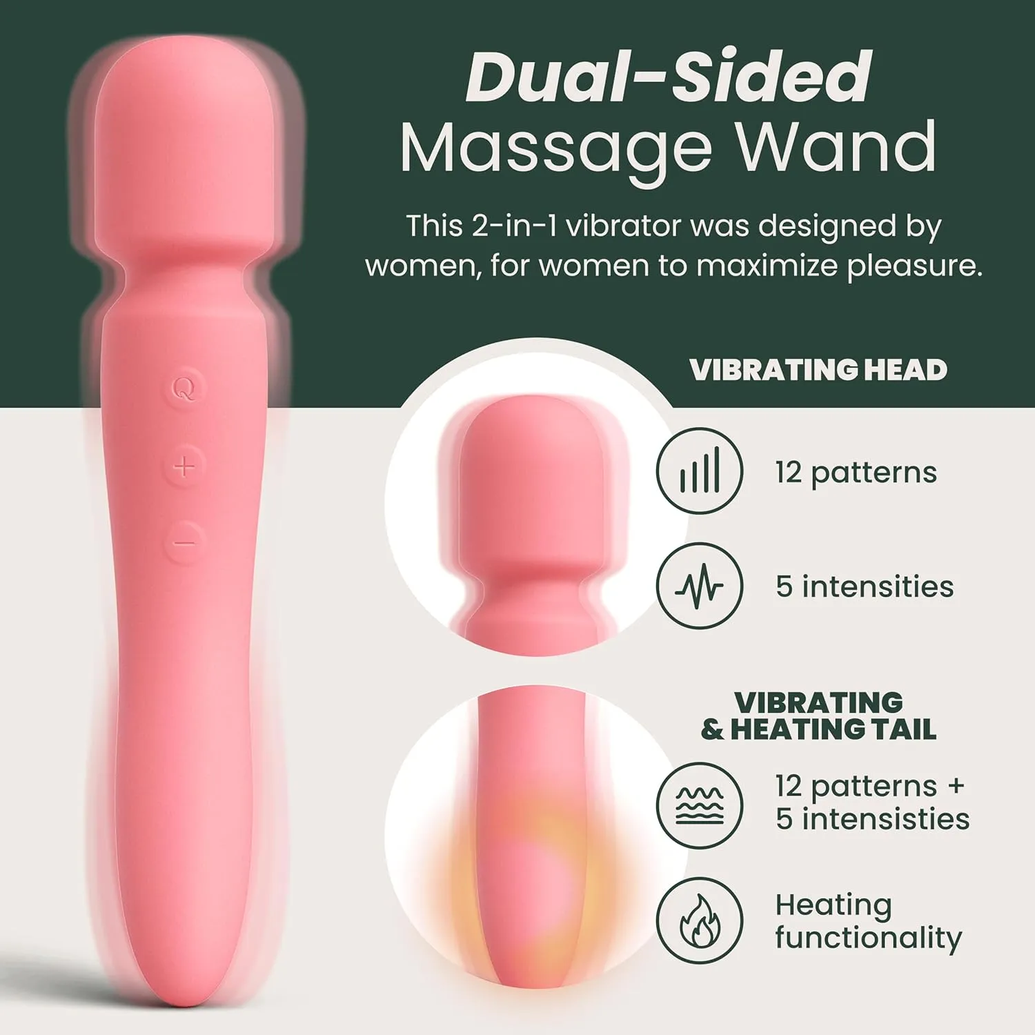 Quinn Wellness Adult Sex Toy Groove - Dual-Sided Heating Vibrator Wand - 12 Modes & 5 Speeds on Head & Tail - G-Spot & Clitoral Stimulator for Women - Rechargeable Waterproof Sexual Massager - Peach