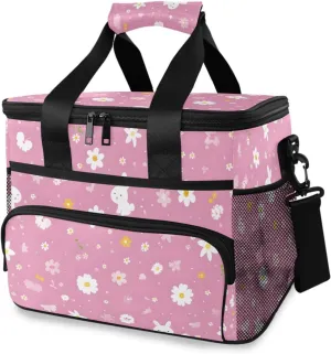 Rabbits Flowers Pink Cooler Bag Insulated Cooler Soft Sided Cooler 24 Can Portable Picnic Bag Large Leakproof Lunch Bag Box for Beach Grocery Camping Travel Car Men Women