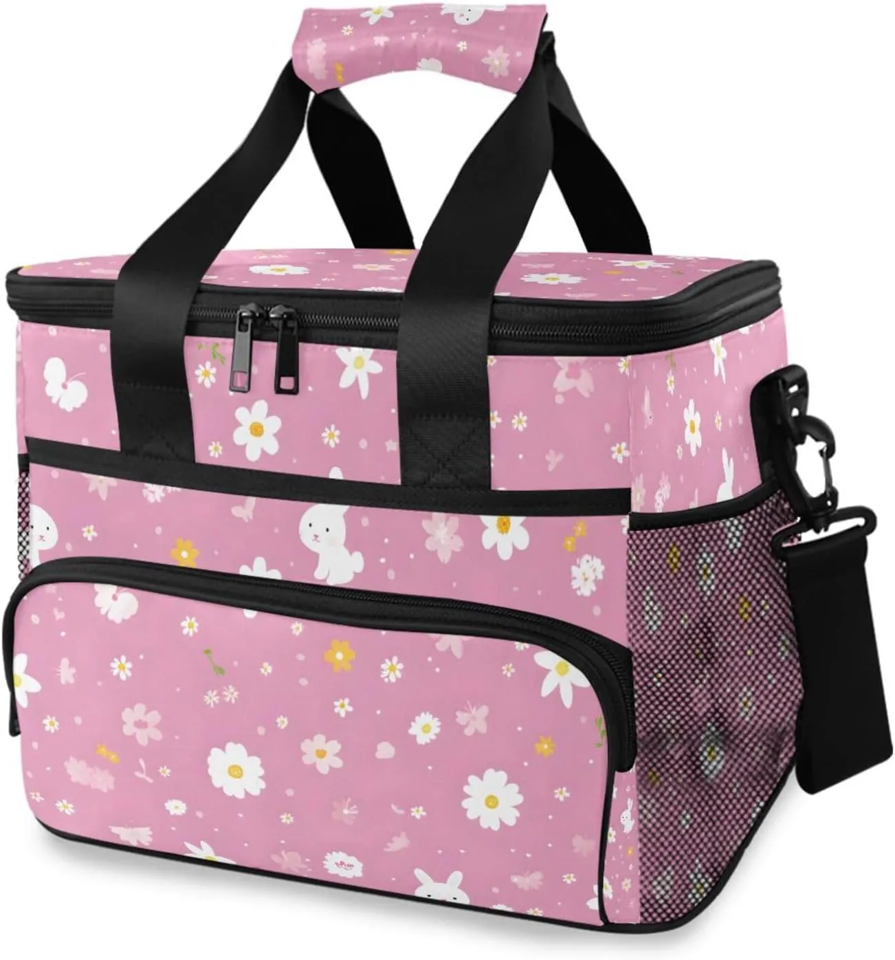 Rabbits Flowers Pink Cooler Bag Insulated Cooler Soft Sided Cooler 24 Can Portable Picnic Bag Large Leakproof Lunch Bag Box for Beach Grocery Camping Travel Car Men Women