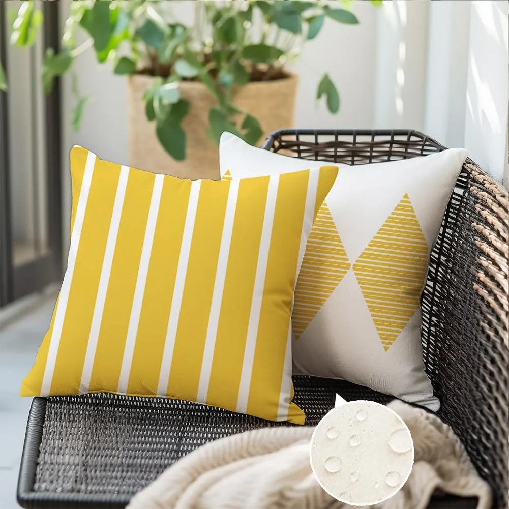 RABUSOFA Yellow and White Outdoor Pillows Waterproof,18x18 inch Boho Summer Outdoor Pillow Covers Set of 4 for Patio Furniture Sunbrella (2Y-18) (Yellow and White, 18"x18")