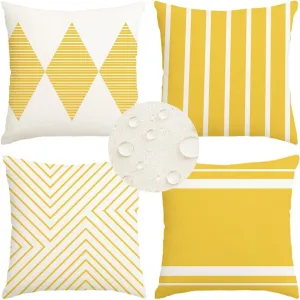 RABUSOFA Yellow and White Outdoor Pillows Waterproof,18x18 inch Boho Summer Outdoor Pillow Covers Set of 4 for Patio Furniture Sunbrella (2Y-18) (Yellow and White, 18"x18")