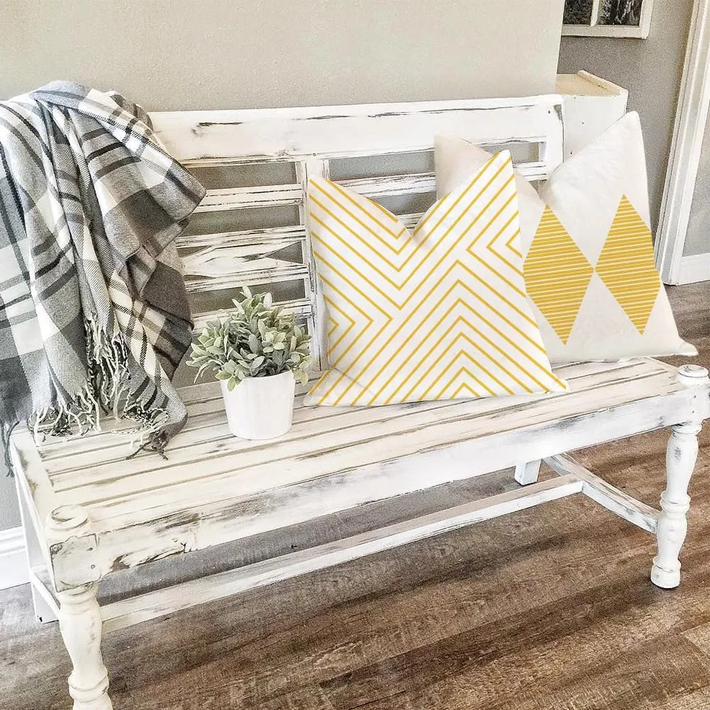 RABUSOFA Yellow and White Outdoor Pillows Waterproof,18x18 inch Boho Summer Outdoor Pillow Covers Set of 4 for Patio Furniture Sunbrella (2Y-18) (Yellow and White, 18"x18")