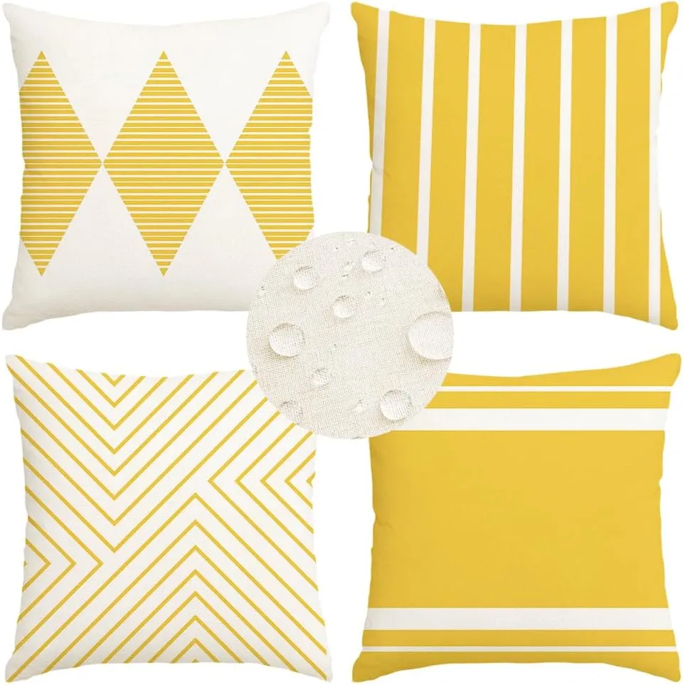 RABUSOFA Yellow and White Outdoor Pillows Waterproof,18x18 inch Boho Summer Outdoor Pillow Covers Set of 4 for Patio Furniture Sunbrella (2Y-18) (Yellow and White, 18"x18")