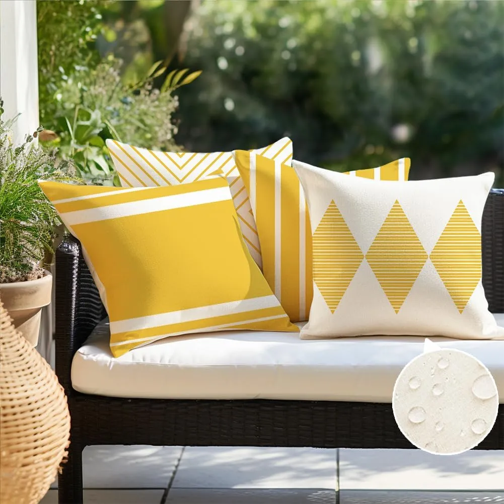 RABUSOFA Yellow and White Outdoor Pillows Waterproof,18x18 inch Boho Summer Outdoor Pillow Covers Set of 4 for Patio Furniture Sunbrella (2Y-18) (Yellow and White, 18"x18")