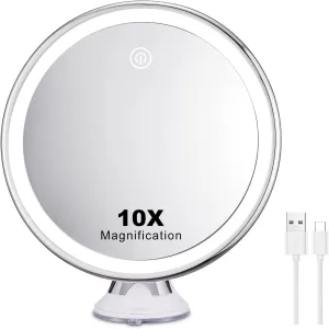 Rechargeable 10X Magnifying Lighted Makeup Mirror, Powerful Locking Suction Cup Bathroom Shower Mirror with 360 Degree Rotation, 3 Color Lightening Modes Portable Cosmetic Mirror for Home