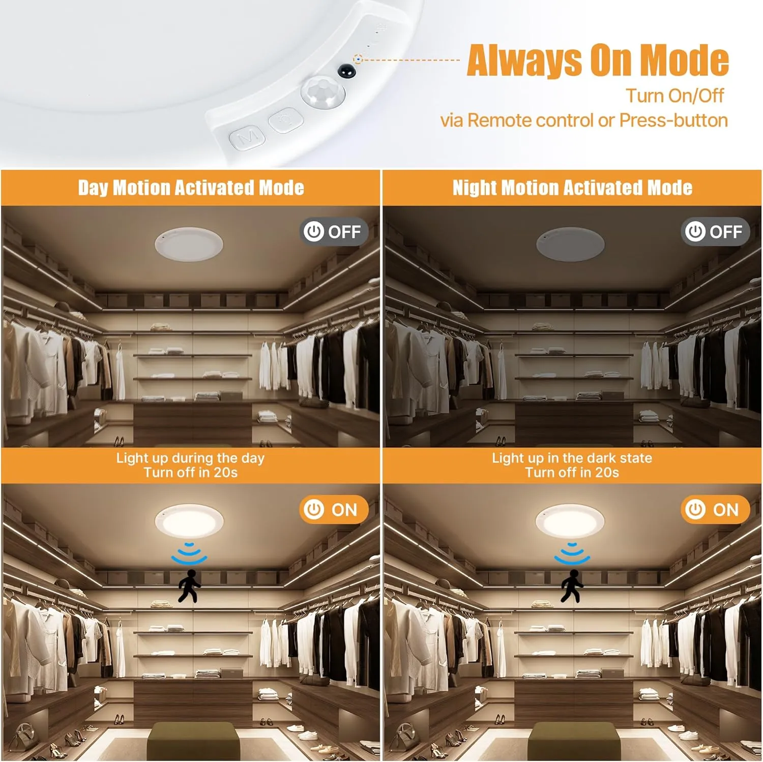 Rechargeable Ceiling Light, No Wiring Battery Operated Ceiling Lights with Remote, Motion Sensor Dimmable Timing Motion Activated Overhead Shower Light for Bathroom Pantry Hallway Porch