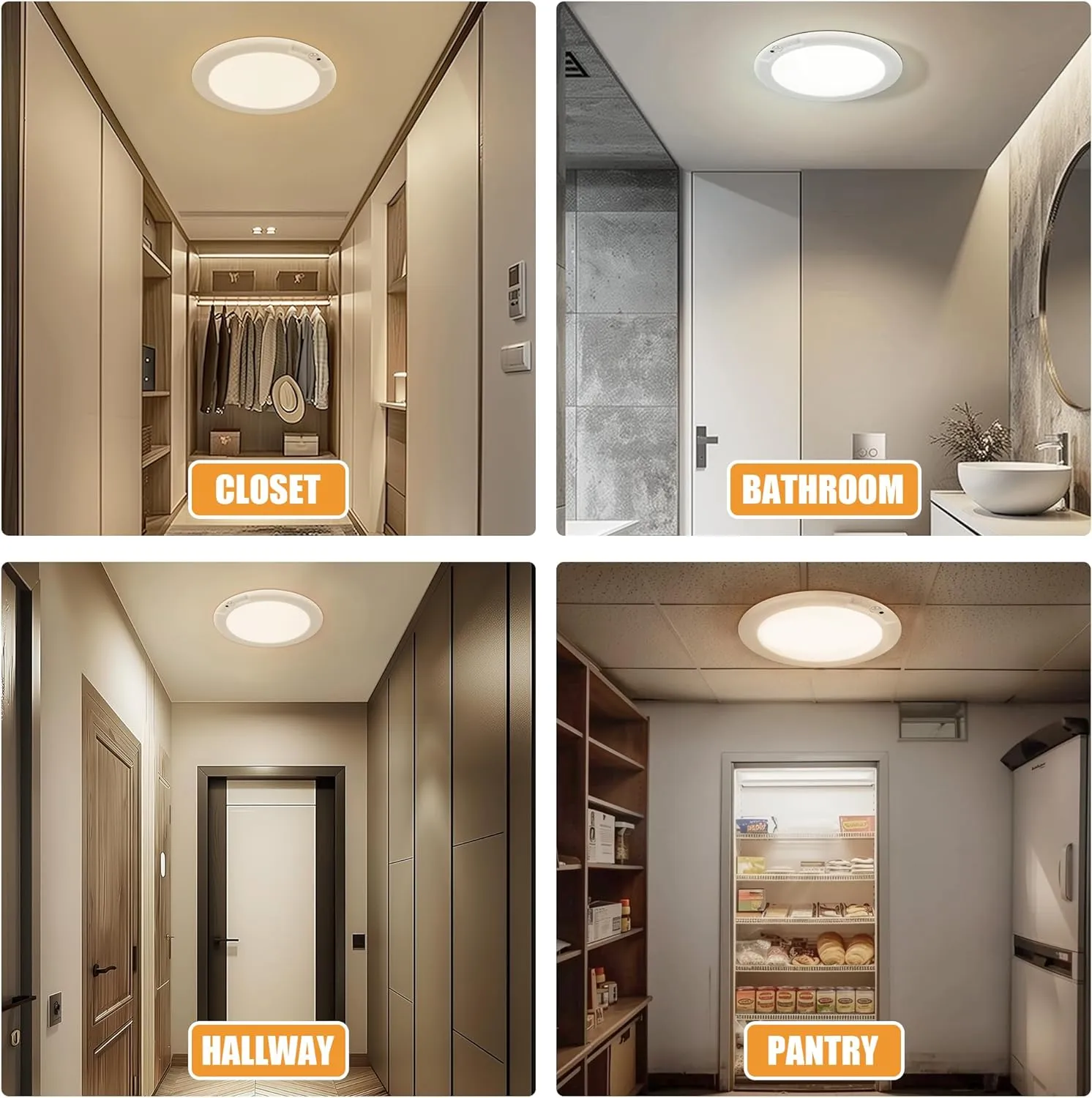 Rechargeable Ceiling Light, No Wiring Battery Operated Ceiling Lights with Remote, Motion Sensor Dimmable Timing Motion Activated Overhead Shower Light for Bathroom Pantry Hallway Porch