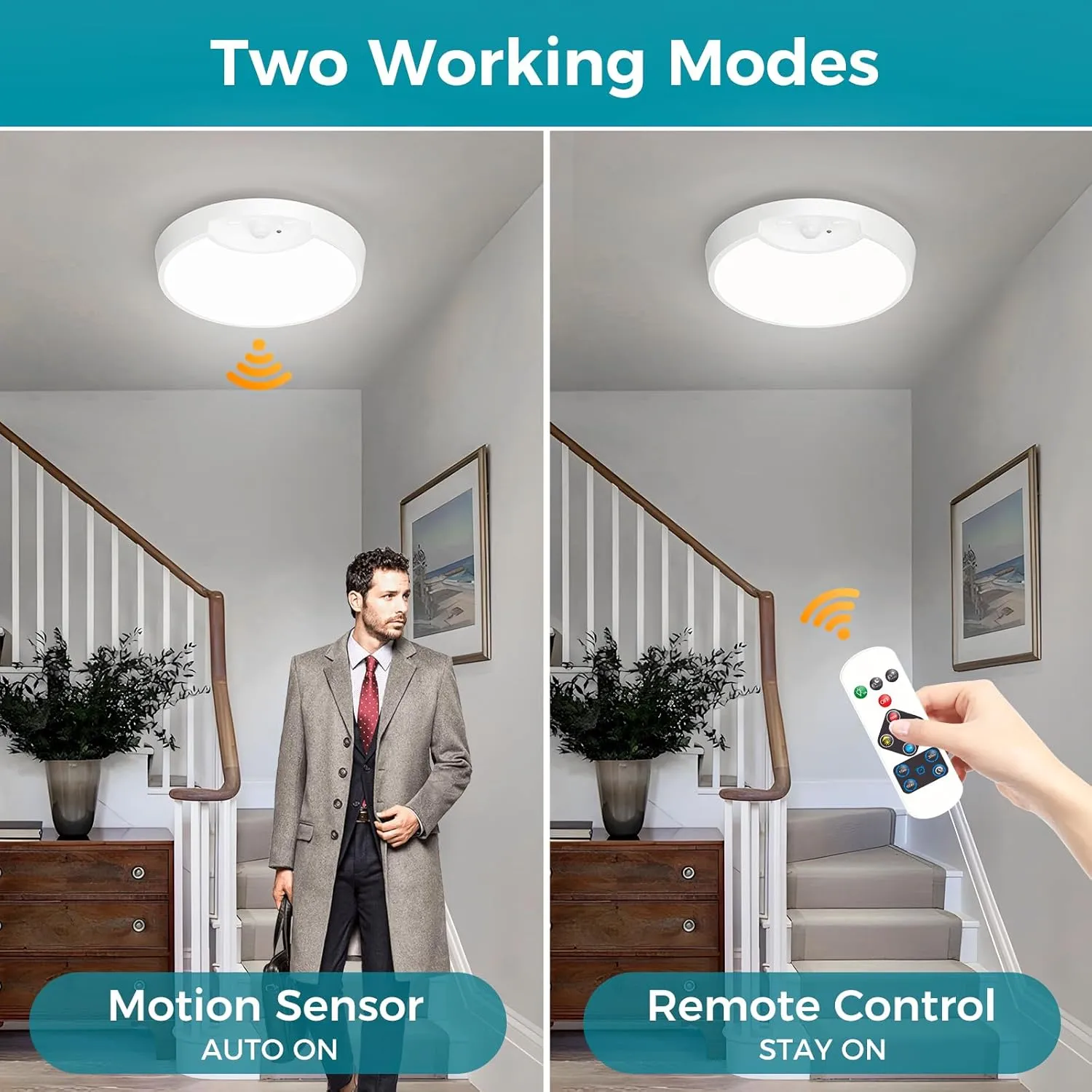 Rechargeable Motion Sensor Ceiling Light with Remote - 7.5inch Battery Powered Ceiling Light for Closets, Shower, Stairs, Shed, Hallway