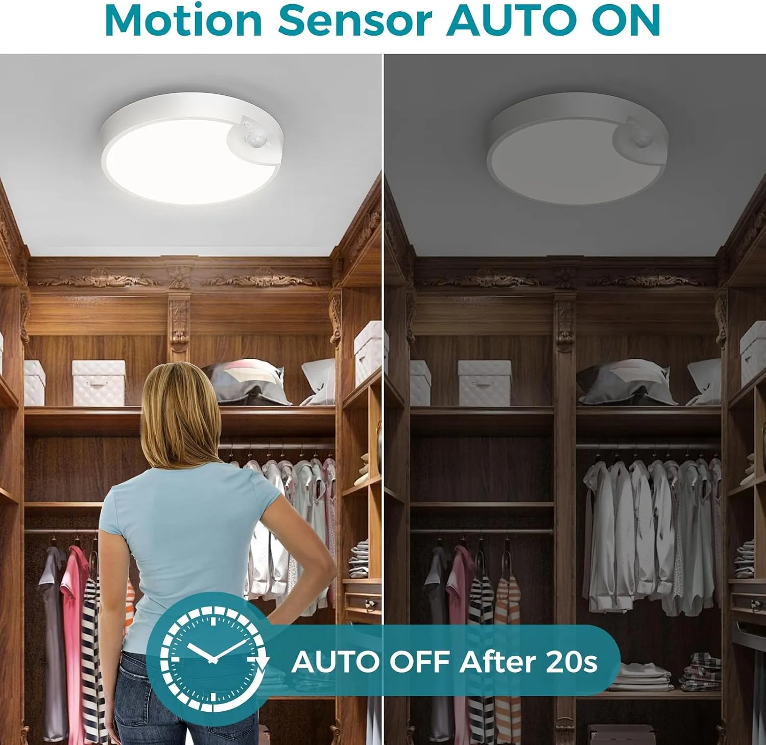 Rechargeable Motion Sensor Ceiling Light with Remote - 7.5inch Battery Powered Ceiling Light for Closets, Shower, Stairs, Shed, Hallway