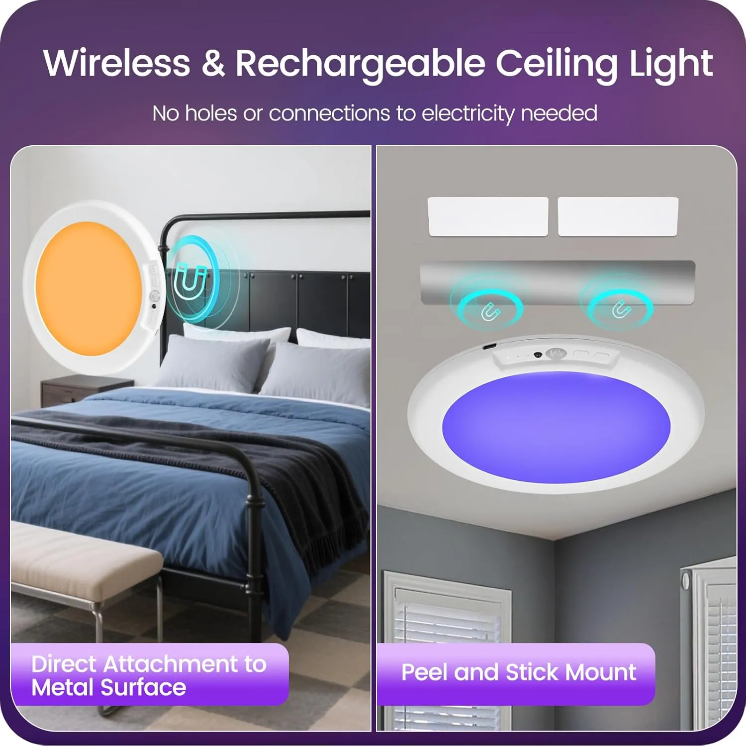 Rechargeable Motion Sensor Ceiling Light with Remote, RGBW LED Wireless Ceiling Light Fixture, DIY Colors, Color-Changing Ambient Light, Dimmable, Battery Operated, Magnetic for Shower