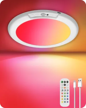 Rechargeable Motion Sensor Ceiling Light with Remote, RGBW LED Wireless Ceiling Light Fixture, DIY Colors, Color-Changing Ambient Light, Dimmable, Battery Operated, Magnetic for Shower