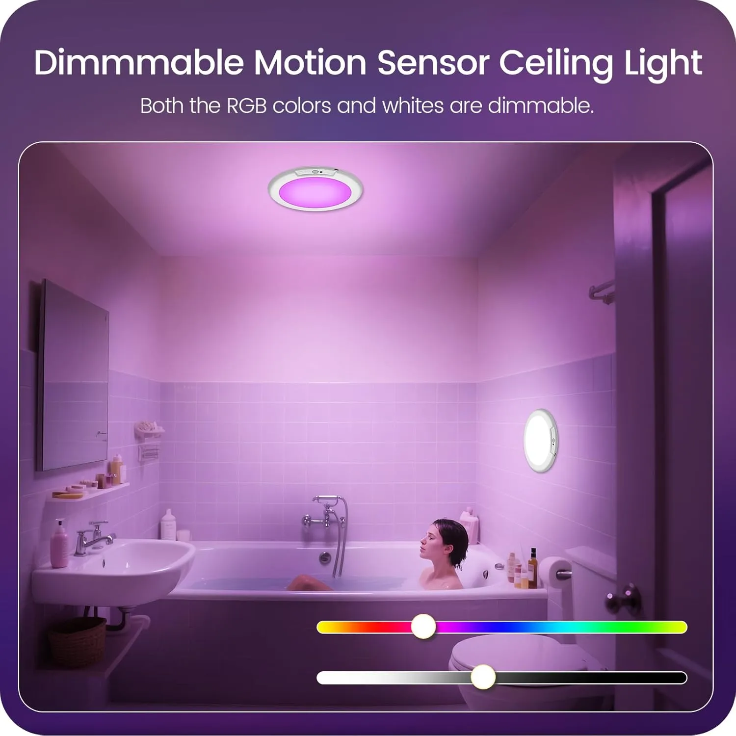 Rechargeable Motion Sensor Ceiling Light with Remote, RGBW LED Wireless Ceiling Light Fixture, DIY Colors, Color-Changing Ambient Light, Dimmable, Battery Operated, Magnetic for Shower