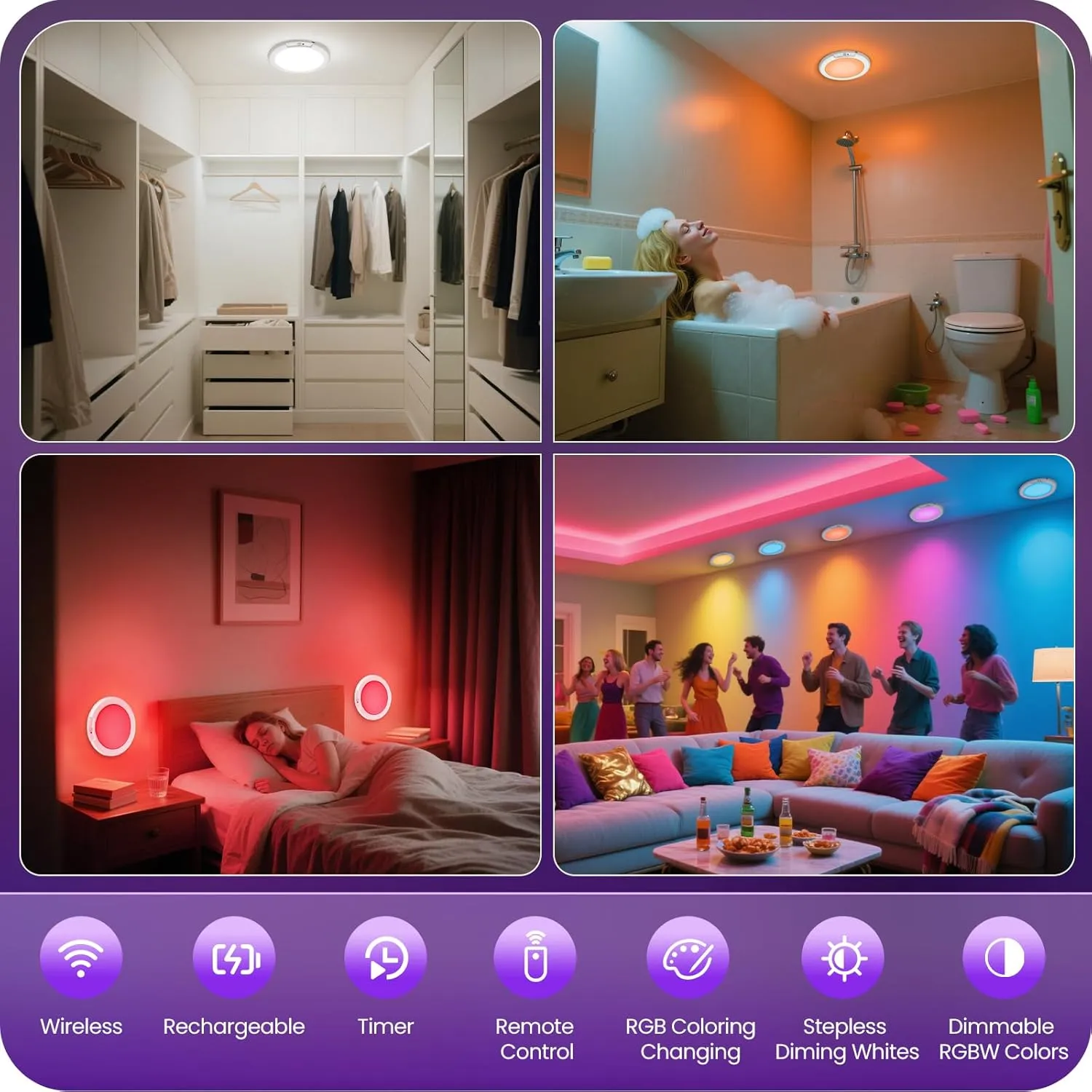 Rechargeable Motion Sensor Ceiling Light with Remote, RGBW LED Wireless Ceiling Light Fixture, DIY Colors, Color-Changing Ambient Light, Dimmable, Battery Operated, Magnetic for Shower