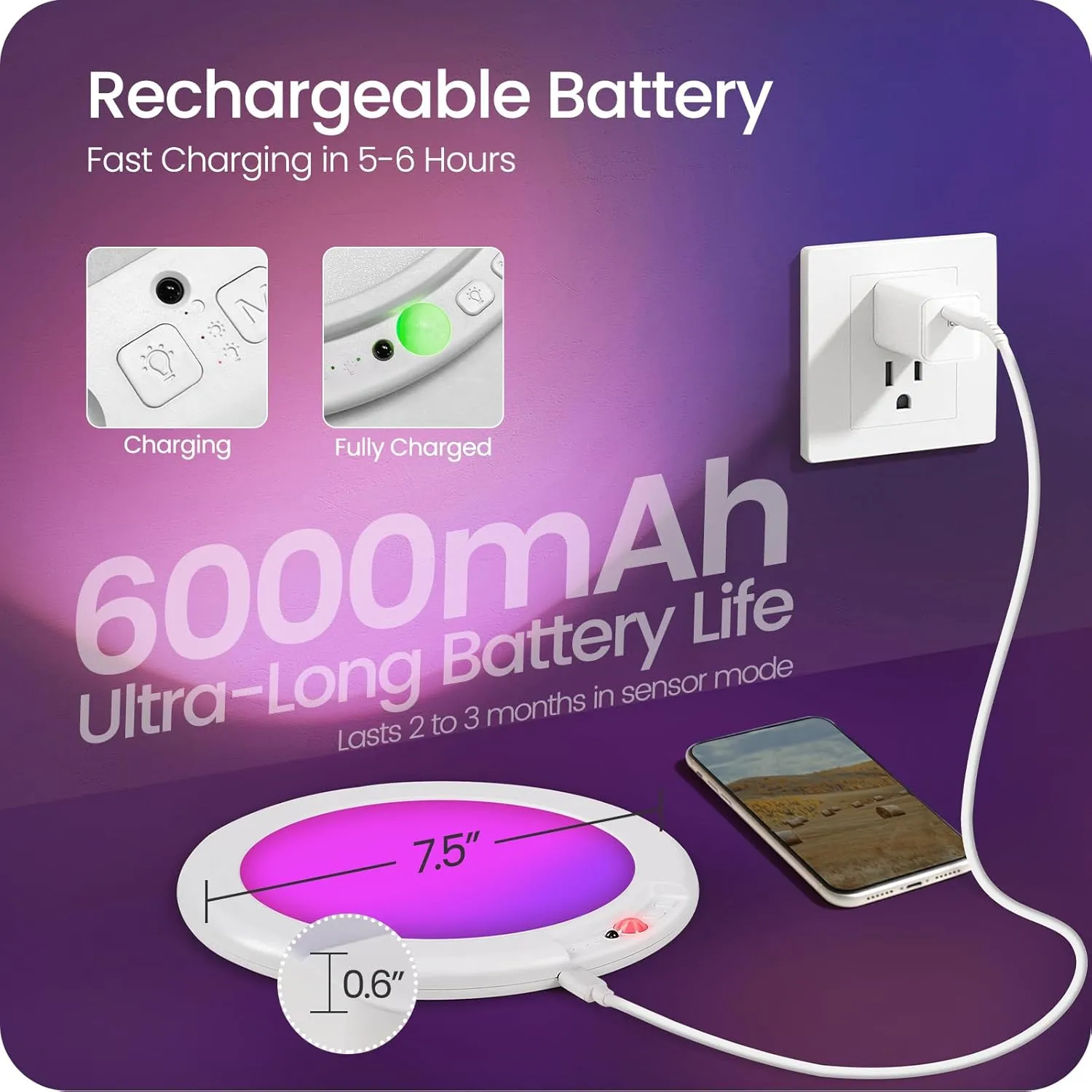 Rechargeable Motion Sensor Ceiling Light with Remote, RGBW LED Wireless Ceiling Light Fixture, DIY Colors, Color-Changing Ambient Light, Dimmable, Battery Operated, Magnetic for Shower