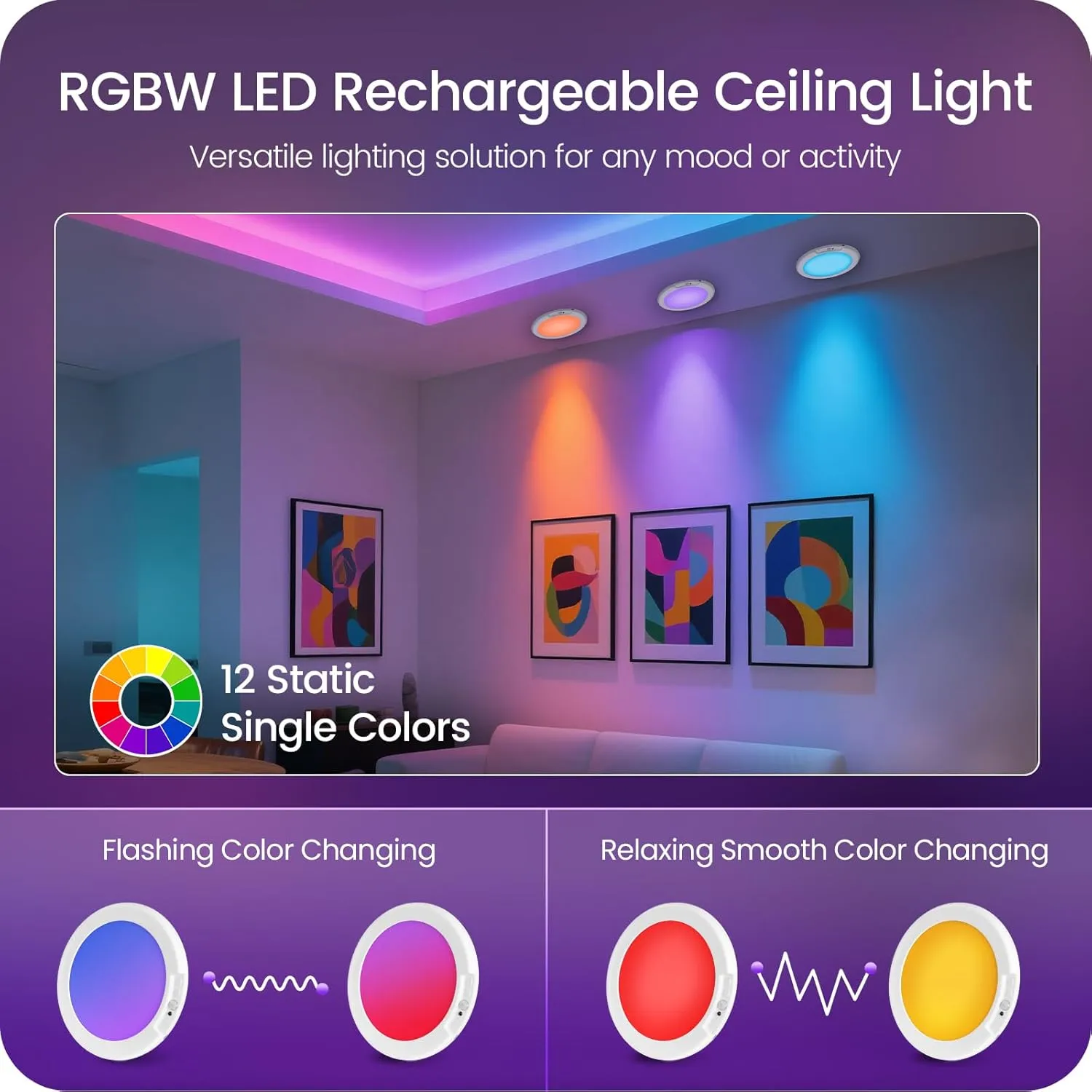 Rechargeable Motion Sensor Ceiling Light with Remote, RGBW LED Wireless Ceiling Light Fixture, DIY Colors, Color-Changing Ambient Light, Dimmable, Battery Operated, Magnetic for Shower