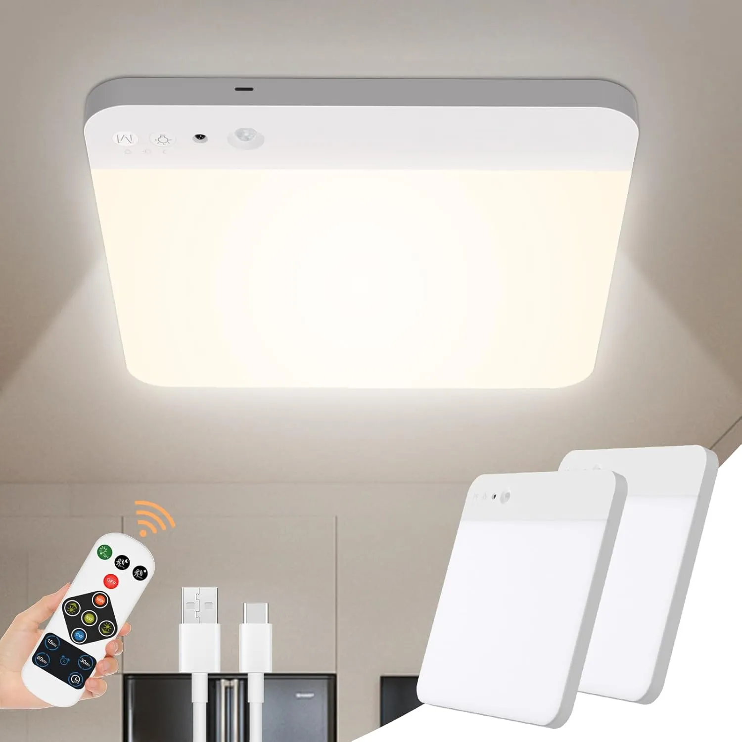 Rechargeable Motion Sensor Closet Light with Remote - Magnetic Wireless Ceiling Lights Battery Operated, 400LM Closet Light Indoor for Shower Bathroom Pantry Stairs Hallway Laundry Porch, 2Pack