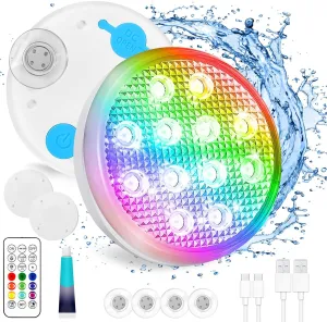 Rechargeable Pool Lights with Remote: (2 Pack) Submersible Led Light IP68 Waterproof 16 Color Changing Floating Underwater Hot Tub Lights with Magnet for Pond Bathtub Christmas Decoration